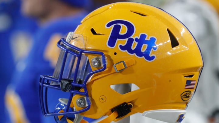 Oct 14, 2023; Pittsburgh, Pennsylvania, USA;  A Pittsburgh Panthers helmet on the sidelines against
