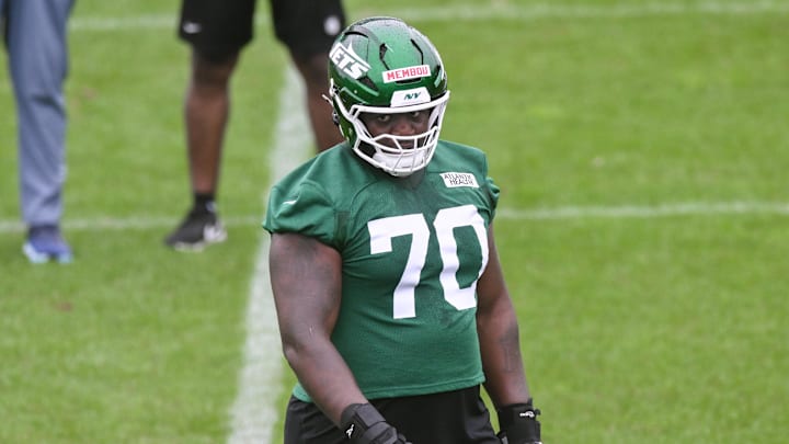 Jun 10, 2025; East Rutherford, NJ, USA; New York Jets offensive tackle Armand Membou (70) looks on during minicamp at Atlantic Health Jets Training Center. Mandatory Credit: John Jones-Imagn Images