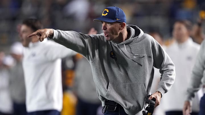 Sep 14, 2024; Berkeley, California, USA; California Golden Bears head coach Justin Wilcox yells during the first quarter against the San Diego State Aztecs at California Memorial Stadium. Mandatory Credit: Darren Yamashita-Imagn Images