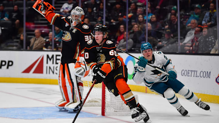 Jan 31, 2024; Anaheim, California, USA; Anaheim Ducks defenseman Jackson LaCombe (60) moves the puck