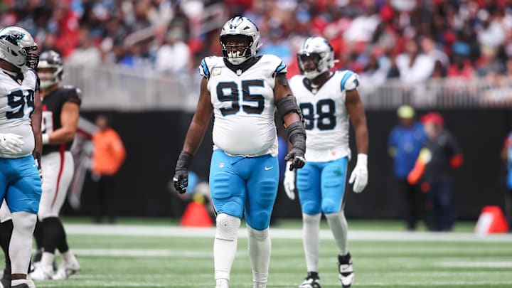 Nov 16, 2025; Atlanta, Georgia, USA; Carolina Panthers defensive tackle Derrick Brown (95) looks on in the second quarter against the Atlanta Falcons at Mercedes-Benz Stadium. Mandatory Credit: Brett Davis-Imagn Images