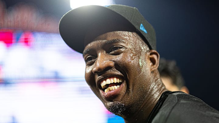 Sep 8, 2023; Philadelphia, Pennsylvania, USA; Miami Marlins right fielder Jesus Sanchez (7) smiles