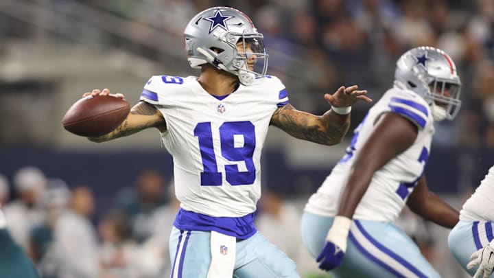 Dallas Cowboys quarterback Trey Lance throws a pass against the Philadelphia Eagles. Dallas Cowboys quarterback Trey Lance throws a pass against the Philadelphia Eagles.
