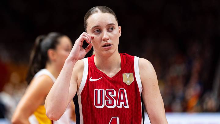 Paige Bueckers looks on during a USA FIBA World Cup Game. Paige Bueckers looks on during a USA FIBA World Cup Game.