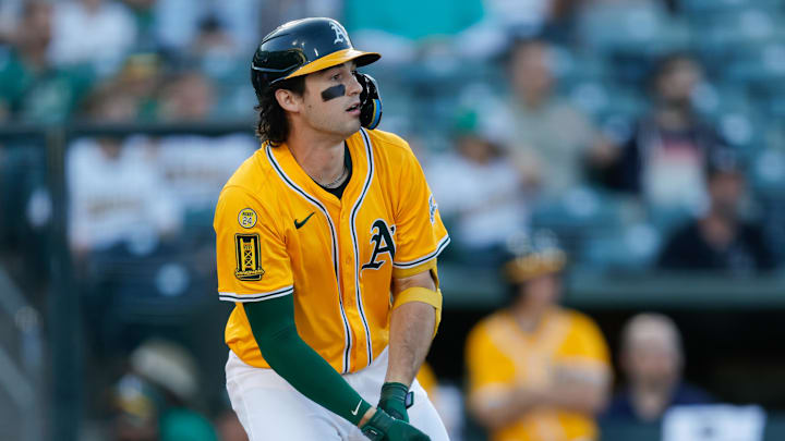 Athletics shortstop Jacob Wilson hits a single during a game against the Houston Astros on June 19 at Sutter Health Park.