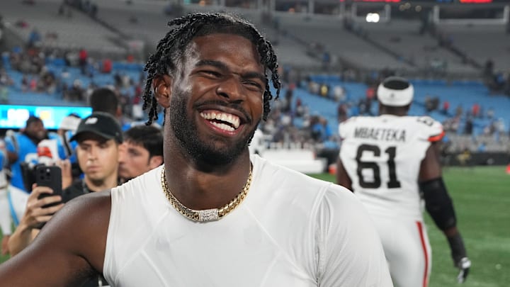 Aug 8, 2025; Charlotte, North Carolina, USA; Cleveland Browns quarterback Shedeur Sanders (12) reacts after the game at Bank of America Stadium. Aug 8, 2025; Charlotte, North Carolina, USA; Cleveland Browns quarterback Shedeur Sanders (12) reacts after the game at Bank of America Stadium.