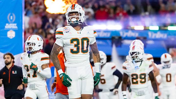 Jan 8, 2026; Glendale, AZ, USA; Miami Hurricanes linebacker Kellen Wiley Jr. (30) against the Mississippi Rebels during the 2026 Fiesta Bowl and semifinal game of the College Football Playoff at State Farm Stadium. Mandatory Credit: Mark J. Rebilas-Imagn Images