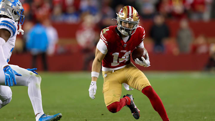 Dec 30, 2024; Santa Clara, California, USA; San Francisco 49ers wide receiver Ricky Pearsall (14) during the game against the Detroit Lions at Levi's Stadium. Mandatory Credit: Sergio Estrada-Imagn Images Dec 30, 2024; Santa Clara, California, USA; San Francisco 49ers wide receiver Ricky Pearsall (14) during the game against the Detroit Lions at Levi's Stadium. Mandatory Credit: Sergio Estrada-Imagn Images
