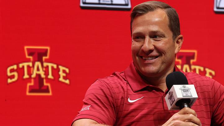 Oct 22, 2025; Kansas City, MO, USA; Iowa State head coach T.J. Otzelberger speaks to media during Big 12 Menís Basketball media day at T-Mobile Center. Oct 22, 2025; Kansas City, MO, USA; Iowa State head coach T.J. Otzelberger speaks to media during Big 12 Menís Basketball media day at T-Mobile Center.