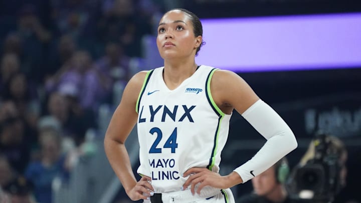 Minnesota Lynx forward Napheesa Collier (24) waits for action to start before the game against the Golden State Valkyries at Chase Center. Minnesota Lynx forward Napheesa Collier (24) waits for action to start before the game against the Golden State Valkyries at Chase Center.