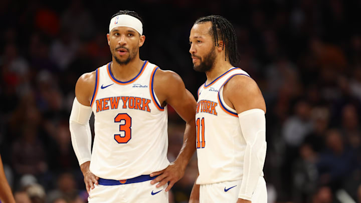 Nov 20, 2024; Phoenix, Arizona, USA; New York Knicks guard Josh Hart (3) and guard Jalen Brunson (11) against the Phoenix Suns at Footprint Center. Mandatory Credit: Mark J. Rebilas-Imagn Images