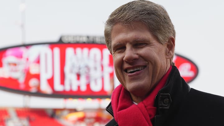 Jan 18, 2025; Kansas City, Missouri, USA; Kansas City Chiefs chairman and chief executive officer Clark Hunt looks on before a 2025 AFC divisional round game against the Houston Texans at GEHA Field at Arrowhead Stadium. Mandatory Credit: Jay Biggerstaff-Imagn Images