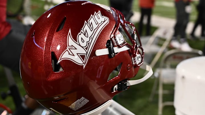 Oct 27, 2022; Pullman, Washington, USA; Washington State Cougars helmet sits during a game against the Utah Utes in the first half at Gesa Field at Martin Stadium. Mandatory Credit: James Snook-Imagn Images