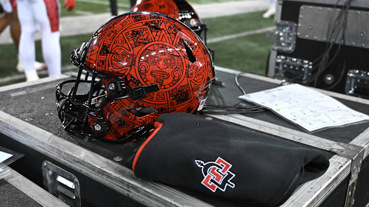 Sep 6, 2025; Pullman, Washington, USA; San Diego State Aztecs helmet. Sep 6, 2025; Pullman, Washington, USA; San Diego State Aztecs helmet.