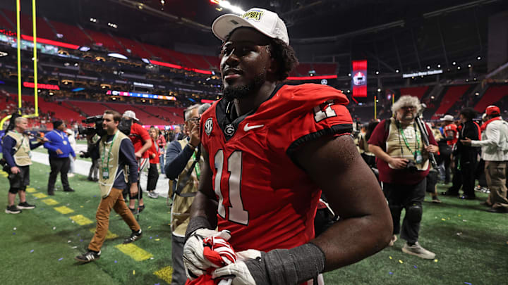 Dec 7, 2024; Atlanta, GA, USA; Georgia Bulldogs linebacker Jalon Walker (11) reacts after defeating the Texas Longhorns in overtime in the 2024 SEC Championship game at Mercedes-Benz Stadium. Mandatory Credit: Brett Davis-Imagn Images