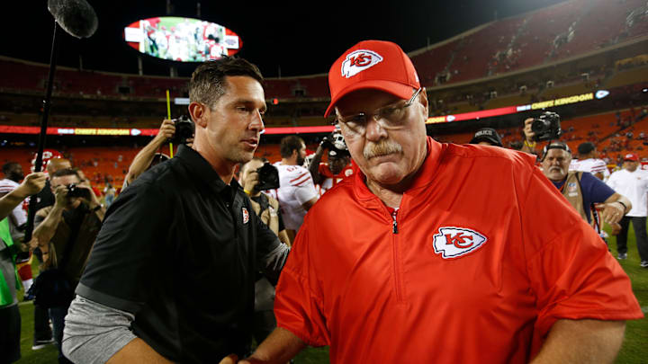 San Francisco 49ers head coach Kyle Shanahan (L) and Kansas City Chiefs head coach Andy Reid (R)
