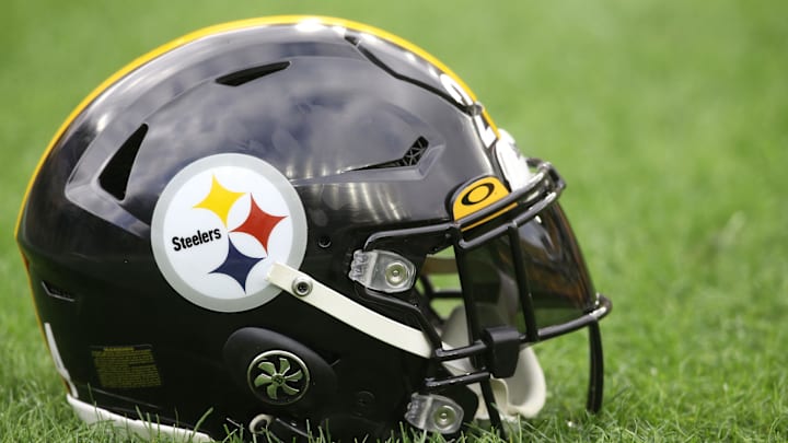 Nov 13, 2022; Pittsburgh, Pennsylvania, USA;  A Pittsburgh Steelers helmet on the field before the game against the New Orleans Saints at Acrisure Stadium. Mandatory Credit: Charles LeClaire-USA TODAY Sports