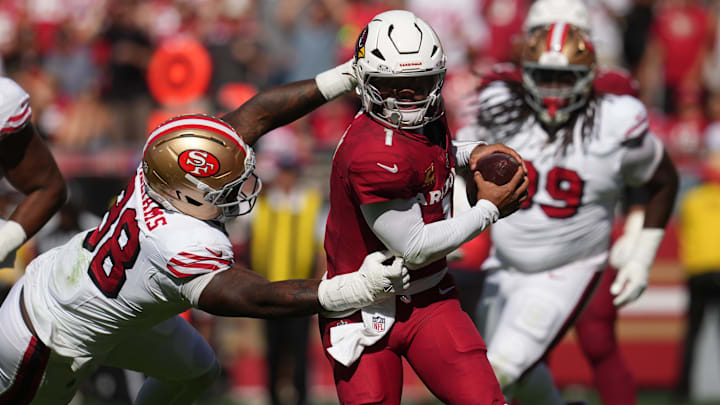 Sep 21, 2025; Santa Clara, California, USA; Arizona Cardinals quarterback Kyler Murray (1) is pressured by San Francisco 49ers defensive end Mykel Williams (98) during the second half at Levi's Stadium. Mandatory Credit: Cary Edmondson-Imagn Images Sep 21, 2025; Santa Clara, California, USA; Arizona Cardinals quarterback Kyler Murray (1) is pressured by San Francisco 49ers defensive end Mykel Williams (98) during the second half at Levi's Stadium. Mandatory Credit: Cary Edmondson-Imagn Images