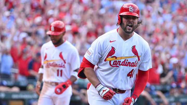 Mar 26, 2026; St. Louis, Missouri, USA; St. Louis Cardinals first baseman Alec Burleson (41) reacts after hitting a go ahead two run home run against the Tampa Bay Rays during the sixth inning at Busch Stadium. Mandatory Credit: Jeff Curry-Imagn Images