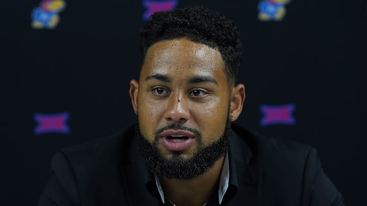 Jul 9, 2025; Frisco, TX, USA; Kansas tight end DeShawn Hanika speaks with the media during 2025 Big 12 Football Media Days at The Star. Mandatory Credit: Raymond Carlin III-Imagn Images Jul 9, 2025; Frisco, TX, USA; Kansas tight end DeShawn Hanika speaks with the media during 2025 Big 12 Football Media Days at The Star. Mandatory Credit: Raymond Carlin III-Imagn Images