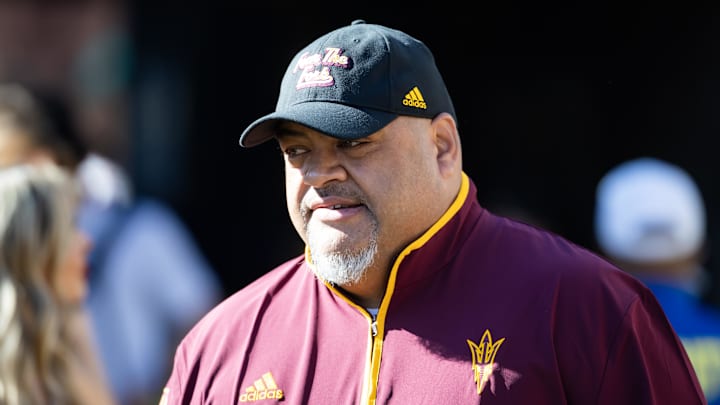 Nov 30, 2024; Tucson, Arizona, USA; Arizona State Sun Devils offensive line coach Saga Tuitele against the Arizona Wildcats during the Territorial Cup at Arizona Stadium. Mandatory Credit: Mark J. Rebilas-Imagn Images
