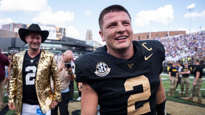 Vanderbilt quarterback Diego Pavia (2) celebrates following the game between Vanderbilt University and Louisiana State University at FirstBank Stadium in Nashville, Tenn., Saturday, Oct. 18, 2025.