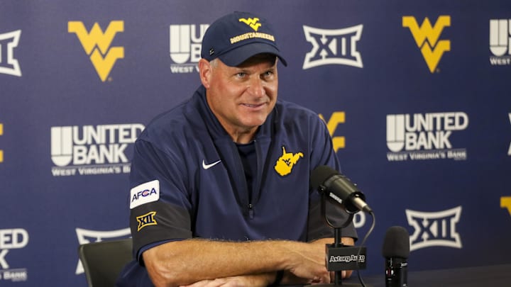 Aug 30, 2025; Morgantown, West Virginia, USA; West Virginia Mountaineers head coach Rich Rodriguez speaks to the media after defeating the Robert Morris Colonials at Milan Puskar Stadium. Mandatory Credit: Ben Queen-Imagn Images