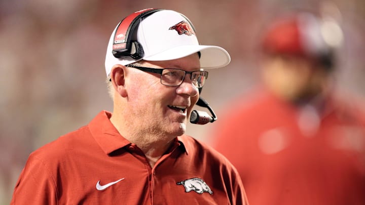 Aug 29, 2024; Little Rock, Arkansas, USA; Arkansas Razorbacks offensive coordinator Bobby Petrino during the second half against the Pine Bluff Golden Lions at War Memorial Stadium. Arkansas won 70-0. Mandatory Credit: Nelson Chenault-Imagn Images Aug 29, 2024; Little Rock, Arkansas, USA; Arkansas Razorbacks offensive coordinator Bobby Petrino during the second half against the Pine Bluff Golden Lions at War Memorial Stadium. Arkansas won 70-0. Mandatory Credit: Nelson Chenault-Imagn Images