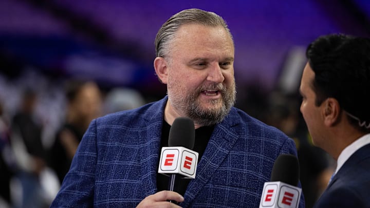 Oct 23, 2024; Philadelphia, Pennsylvania, USA; Philadelphia 76ers president of basketball operations Daryl Morey is interviewed before a game against the Milwaukee Bucks at Wells Fargo Center. Mandatory Credit: Bill Streicher-Imagn Images