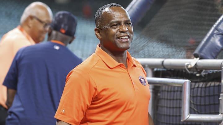Jul 25, 2023; Houston, Texas, USA; Houston Astros general manager Dana Brown on the field before the game against the Texas Rangers at Minute Maid Park.