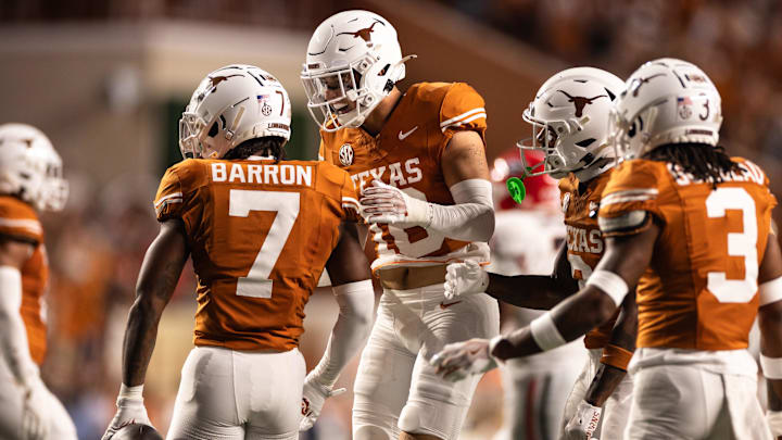 Oct 19, 2024; Austin, Texas, USA; Texas Longhorns safety Jahdae Barron (7) celebrates after making an interception against the Georgia Bulldogs during the first half at Darrell K Royal-Texas Memorial Stadium. Mandatory Credit: Brett Patzke-Imagn Images
