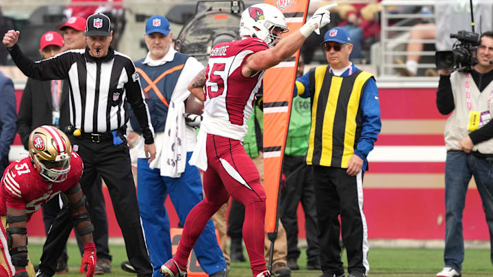 Jan 8, 2023; Santa Clara, California, USA; Arizona Cardinals tight end Trey McBride (85) gestures