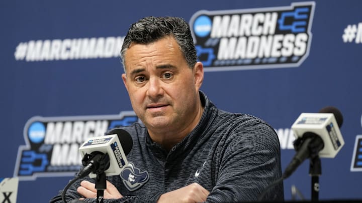 Mar 20, 2025; Milwaukee, WI, USA;  Xavier Musketeers head coach Sean Miller speaks during an NCAA Tournament First Round Practice press conference at Fiserv Forum. Mandatory Credit: Jeff Hanisch-Imagn Images