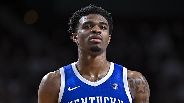 Mar 3, 2026; College Station, Texas, USA; Kentucky Wildcats guard Otega Oweh (00) looks on during the second half against the Texas A&M Aggies at Reed Arena. Mandatory Credit: Maria Lysaker-Imagn Images 