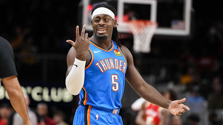 Jan 3, 2024; Atlanta, Georgia, USA; Oklahoma City Thunder guard Luguentz Dort (5) reacts to the