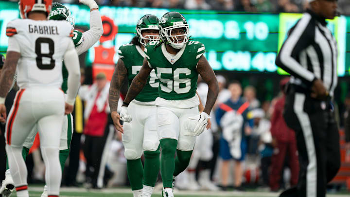 New York Jets linebacker Quincy Williams (56) celebrates after making a tackle during an NFL Week 10 game between the New York Jets and the Cleveland Browns at MetLife Stadium on Sunday, Nov. 9, 2025.