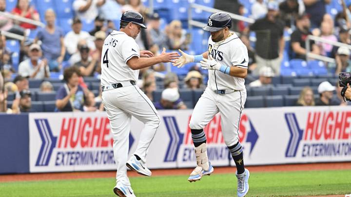 May 31, 2026; St. Petersburg, Florida, USA; Tampa Bay Rays first baseman Jonathan Aranda (8) celebrates a home run with third base coach Brady Williams (4) during the first inning against Los Angeles Angels at Tropicana Field. May 31, 2026; St. Petersburg, Florida, USA; Tampa Bay Rays first baseman Jonathan Aranda (8) celebrates a home run with third base coach Brady Williams (4) during the first inning against Los Angeles Angels at Tropicana Field.