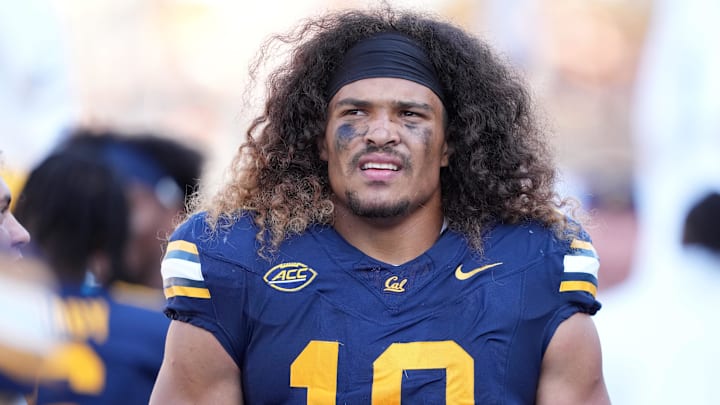 Aug 31, 2024; Berkeley, California, USA; California Golden Bears linebacker Teddye Buchanan (10) during the fourth quarter against the UC Davis Aggies at California Memorial Stadium. Mandatory Credit: Darren Yamashita-Imagn Images
