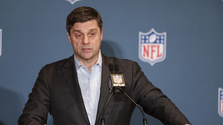 NFL executive vice president, chief of media, and business officer Brian Rolapp speaks to the media in March 2024