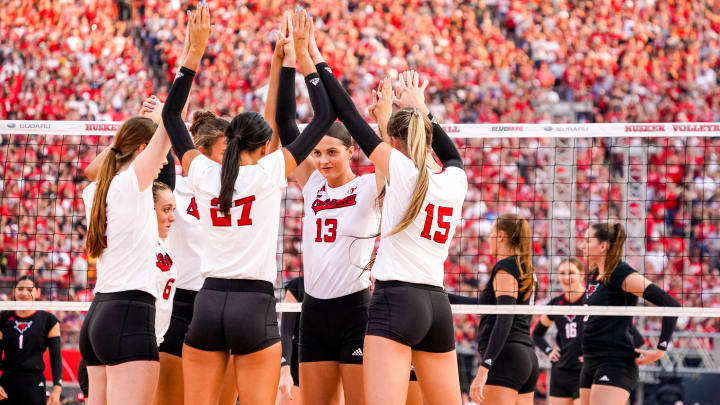 Aug 30, 2023; Lincoln, NE, USA; The Nebraska Cornhuskers huddle before the game against the Omaha Mavericks at Memorial Stadium. Aug 30, 2023; Lincoln, NE, USA; The Nebraska Cornhuskers huddle before the game against the Omaha Mavericks at Memorial Stadium.