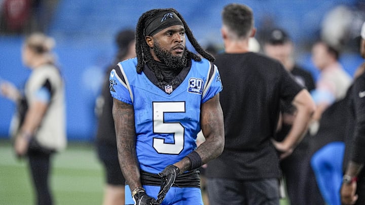 Oct 13, 2024; Charlotte, North Carolina, USA; Carolina Panthers wide receiver Diontae Johnson (5) makes his way back to the locker room after the end of the second half against the Atlanta Falcons at Bank of America Stadium. Mandatory Credit: Jim Dedmon-Imagn Images