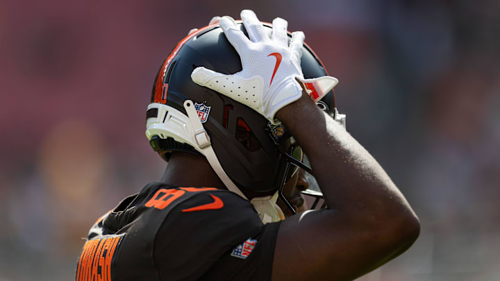 Sep 21, 2025; Cleveland, Ohio, USA; Cleveland Browns wide receiver Jamari Thrash (80) adjusts his helmet during warm ups before the game against the Green Bay Packers at Huntington Bank Field. Mandatory Credit: Scott Galvin-Imagn Images