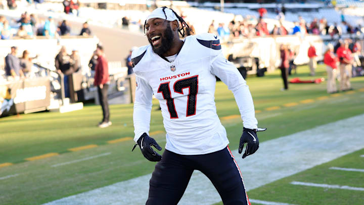 Houston Texans cornerback Kris Boyd (17) cheers after the game of an NFL football matchup Sunday, Dec. 1, 2024 at EverBank Stadium in Jacksonville, Fla. The Texans held off the Jaguars 23-20. [Corey Perrine/Florida Times-Union]