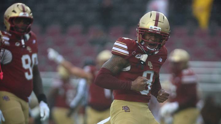 Sep 26, 2026; Chestnut Hill, Massachusetts, USA; Boston College Eagles defensive back Max Tucker (3) celebrates a stop in the second half against the Virginia Tech Hokies at Alumni Stadium. Mandatory Credit: Edward Finan-Imagn Images Sep 26, 2026; Chestnut Hill, Massachusetts, USA; Boston College Eagles defensive back Max Tucker (3) celebrates a stop in the second half against the Virginia Tech Hokies at Alumni Stadium. Mandatory Credit: Edward Finan-Imagn Images