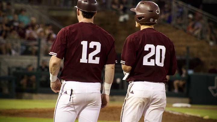 May 17, 2024; College Station, Texas; USA: Texas A&M Aggies seniors Ryan Targac and Jackson Appel stand near the first-base line.