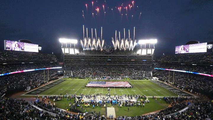 Dec 24, 2018; Oakland, CA, USA; General overall view of fireworks and the United States field at the Oakland-Alameda County Coliseum during the playing of the national anthem before a NFL game between the Denver Broncos and the Oakland Raiders. The game may be the last game in Oakland for the Raiders who do not have a lease agreement for the 2019 season. The Raiders and the NFL are facing a federal antitrust lawsuit from the city of Oakland for the team's pending move to Las Vegas in 2020. Dec 24, 2018; Oakland, CA, USA; General overall view of fireworks and the United States field at the Oakland-Alameda County Coliseum during the playing of the national anthem before a NFL game between the Denver Broncos and the Oakland Raiders. The game may be the last game in Oakland for the Raiders who do not have a lease agreement for the 2019 season. The Raiders and the NFL are facing a federal antitrust lawsuit from the city of Oakland for the team's pending move to Las Vegas in 2020.