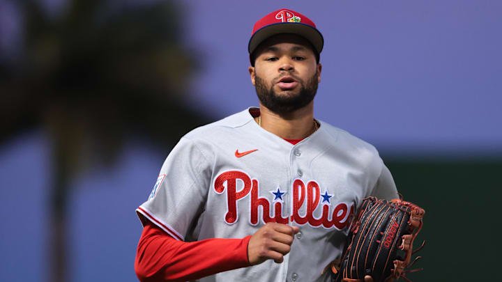 Feb 22, 2026; West Palm Beach, Florida, USA; Philadelphia Phillies center fielder Justin Crawford (80) returns to the dugout against the Washington Nationals during the first inning at CACTI Park of the Palm Beaches. Mandatory Credit: Sam Navarro-Imagn Images