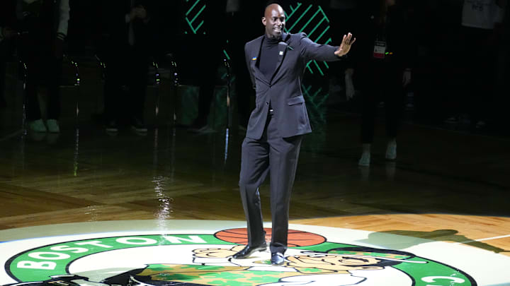 Mar 13, 2022; Boston, Massachusetts, USA; Basketball Hall of Fame and former Boston Celtic, Kevin Garnett is introduced during his number retirement ceremony after game between the Boston Celtics and the Dallas Mavericks at TD Garden. Mandatory Credit: Gregory Fisher-Imagn Images