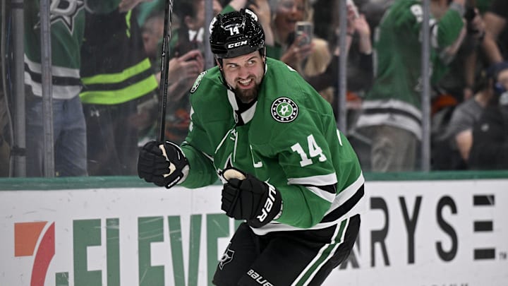 Mar 10, 2026; Dallas, Texas, USA; Dallas Stars left wing Jamie Benn (14) celebrates scoring a goal against the Vegas Golden Knights during the second period at the American Airlines Center. Mandatory Credit: Jerome Miron-Imagn Images