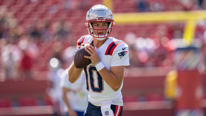 Sep 29, 2024; Santa Clara, California, USA; New England Patriots quarterback Drake Maye (10) during warmups before the game against the San Francisco 49ers at Levi's Stadium. Mandatory Credit: Neville E. Guard-Imagn Images